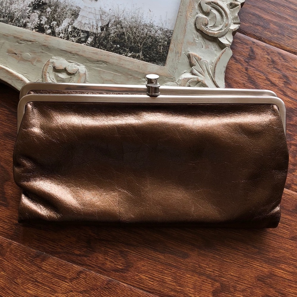 HOBO Metallic Bronze Leather Clutch with Kiss-Lock Frame